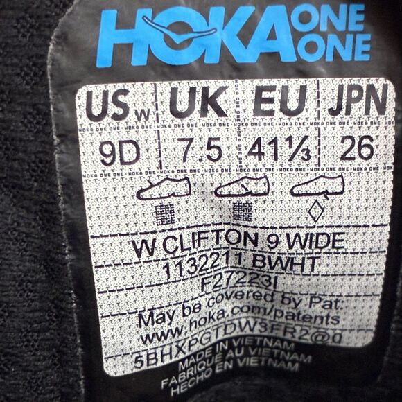 HOKA Clifton 9 Wide Women’s Size 9 Running Shoes Black White Trail - Picture 7 of 15